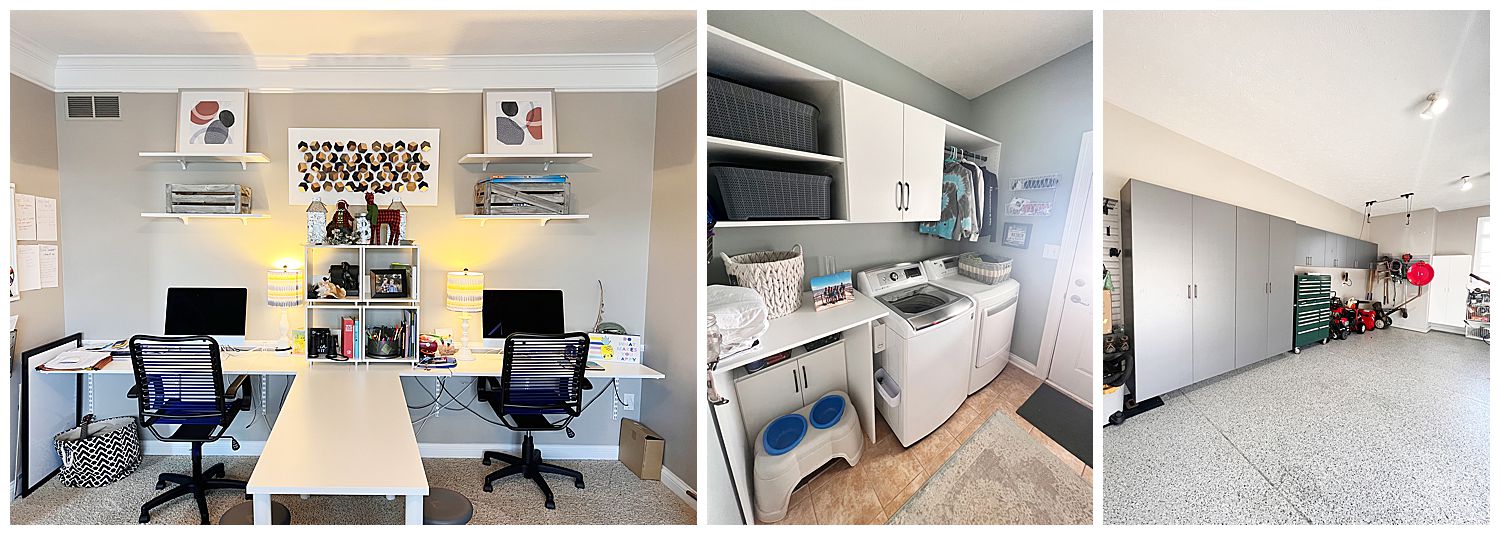 Examples of homework space, laundry room, and garage organization by Indianapolis Realtor Stacy Barry